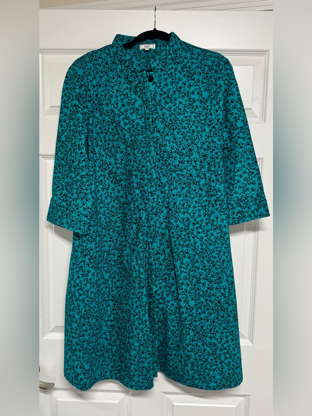 Zuri Green Black Floral Midi Dress with Stand Collar Cotton L